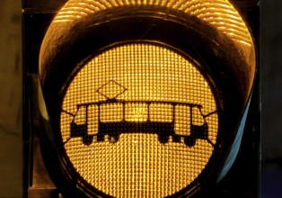 Yellow traffic light with tram symbol in the evening, Gelsenkirchen, North Rhine-Westphalia,