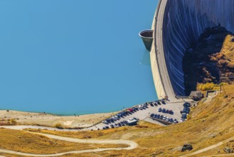 The dam and turquoise lake Lac de Moiry, Val d'Anniviers, Valais Alps, Canton of Valais,