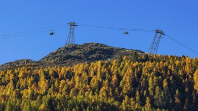 Gondolas and cable car route from Grimentz to the Espace Weisshorn mountain station, above autumn