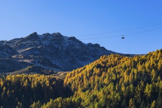 Gondola and cable car route from Grimentz to the Espace Weisshorn mountain station, above autumn
