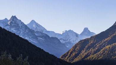 The snow-capped peaks of the Besso, Obergabelhorn and Matterhorn mountains, Val d'Anniviers, Valais