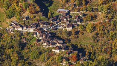 Mountain village of Pinsec with autumn colors, Val d'Anniviers, Valais Alps, Canton of Valais,