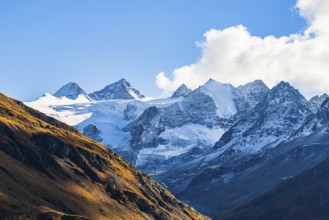 The snow-capped peaks of the Grand Cornier, Tete Blanche and Pointe Moiry mountains, Val