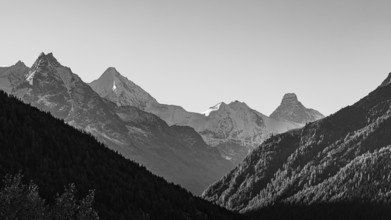The snow-capped peaks of the Besso, Obergabelhorn and Matterhorn mountains, black and white photo,