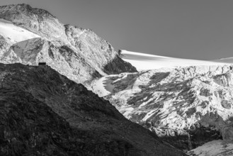 The Moiry Hut and the Moiry Glacier, black and white photo, Val d'Anniviers, Valais Alps, Canton of