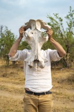 Man holding a hippopotamus skull in front of his head, Botswana