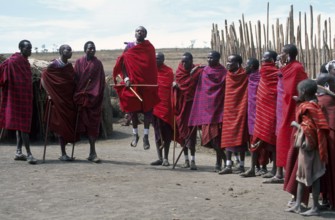 Maasai men showing traditional jumps, Ngorongoro Crater, Tanzania, Africa, June 2000, vintage,
