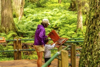 Mother and son learning about nature at an information kiosk on the hemlock grove boardwalk in
