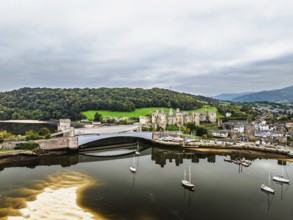 Conwy Castle over River Convy from a drone, Convy, North Wales, England, United Kingdom