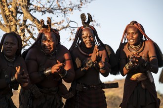 Himba woman dancing euphorically, traditional dance, traditional Himba village, Kaokoveld, Kunene,