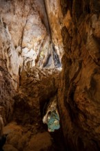 Stalactites and stalagmites, rock formations in a stalactite cave, seawater penetrates the cave