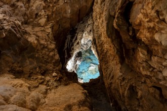 Seawater penetrates the cave through underground access, stalactite cave, Grotta del Fico, Gulf of