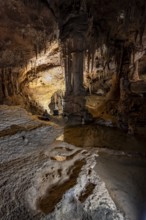 Stalactites and stalagmites, water basins and rock formations in a stalactite cave, Grotta del