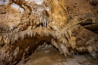 Stalactites and rock formations in a stalactite cave, Grotta del Fico, Gulf of Orosei, Baunei,