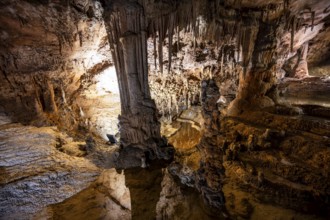 Stalactites and stalagmites, water basins and rock formations in a stalactite cave, Grotta del