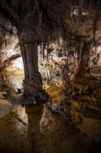Stalactites and stalagmites reflected in water basins, rock formations in a stalactite cave, Grotta