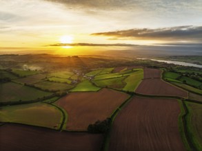 Colours of autumn Fields and Farms over Sheldon from a drone, Torbay, Devon, England, United