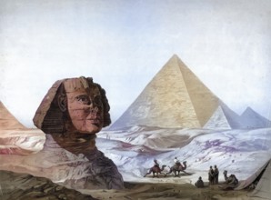 Sphinx and Pyramids of Giza, Egypt, authentic reproduction of a school mural, historic, around 1900