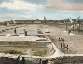 Salt mining, sea salt, salt pans at Capo d'Istria, Istria, authentic reproduction of a school