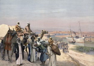 Bedouins with their camels on the Suez Canal, Egypt, authentic reproduction of a school mural,