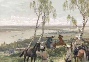 Soldiers watch a Siberian railroad train crossing a bridge, Siberia, Russia, authentic reproduction