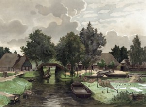 Giethoorn, fishermen on a canal, eel traps, Holland, authentic reproduction of a school mural,