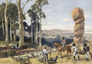 Shepherd with flock of sheep and natives with hunting prey, scene from the outbacks in Australia,