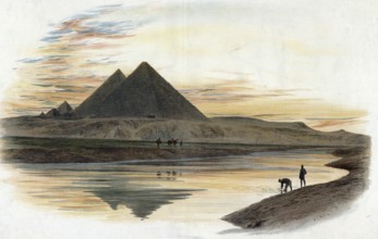The pyramids of Giza, Egypt, authentic reproduction of a school mural, historical, around 1900