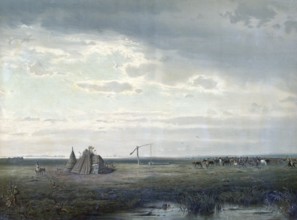 Fountain in the Puszta, Horse Herd, Hungary, authentic reproduction of a school mural, historic,