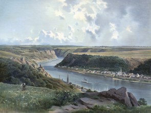 The Rhine near St. Goar, Rhineland-Palatinate, Germany, authentic reproduction of a school mural,