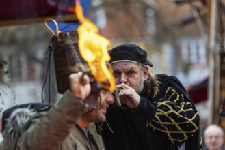 Alchemist, fire, medieval clothing, medieval market, city of Esslingen, district of Esslingen,