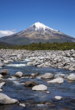 Mount Taranaki, in the foreground Stony River (Hangatahua River) . Egmont National Park, Taranaki