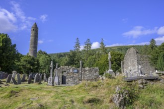 Round Tower and Cemetery, Glendalough, Wicklow Mountains National Park, Brockagh, County Wicklow,