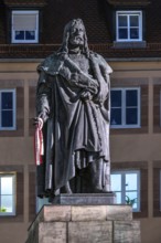 Illuminated statue of Albrecht Dürer in the evening, Albrecht-Dürer-Platz, Nuremberg, Middle