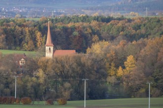 Autumn landscape with St. Egidien church, Beerbach, Middle Franconia, Bavaria, Germany