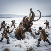 A mammoth (Mammuthus) in a pit in the ice age cold steppe is attacked by prehistoric hunters with