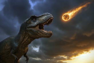 A Tyrannosaurus rex hunts looks startled at a fiery asteroid that hits the earth, symbol carnivore,