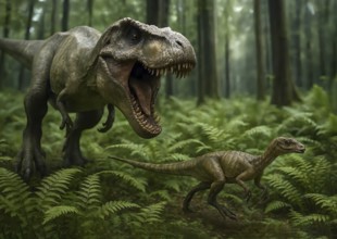A Tyrannosaurus rex hunts a small dinosaur in a prehistoric forest of ferns, symbol carnivore,