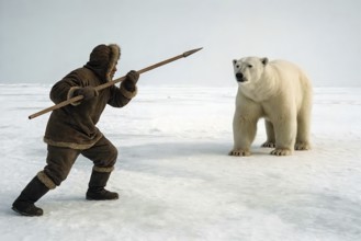 An Inuit hunts a polar bear in the snowy Arctic, symbol Eskimo, polar region, winter, hunting,