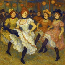Dancers dancing the cancan in the Moulin Rouge restaurant in the style of a lithograph by Toulouse