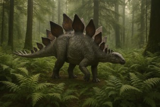 A dinosaur, a stegosaurus, runs through a prehistoric forest, symbol fossil, extinct, prehistoric,