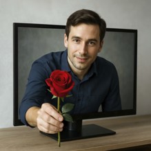 A man looks out of a television monitor with a rose in his hand, symbolic image fantasy,