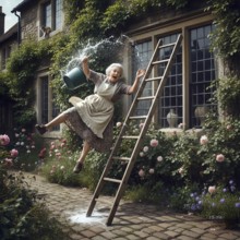 An elderly woman falls from a ladder, symbolic picture household, accident, fall, household
