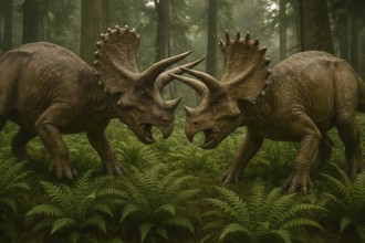 Two dinosaurs, two triceratops, with threatening gestures in a prehistoric forest, symbol fossil,