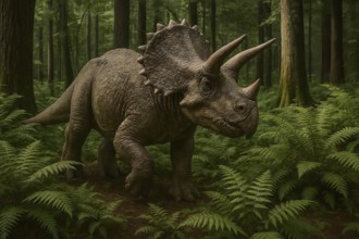 A dinosaur, a triceratops, runs through a prehistoric forest, symbol fossil, extinct, prehistoric,