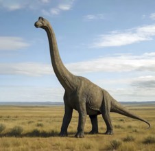 A dinosaur, a brachiosaurus, in the prehistoric steppe, fossil, extinct, prehistoric, dinosaur,