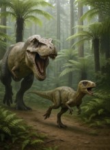 A Tyrannosaurus rex hunts a small dinosaur in a prehistoric forest of ferns, symbol carnivore,