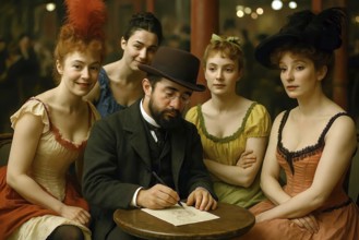 The painter Henri de Toulouse-Lautrec sits in Moulin Rouge in Paris surrounded by dancers, symbolic