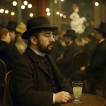 The painter Henri de Toulouse-Lautrec sits in Moulin Rouge in Paris, symbolic image artist,