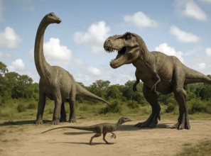 Size comparison dinosaur, a brontosaurus, a Tyrannosaurus rex and a compsognathus, fossil, extinct,